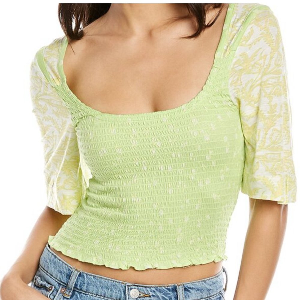 Free People Marigold Smocked Crop Top Key Lime Green NWT S M L